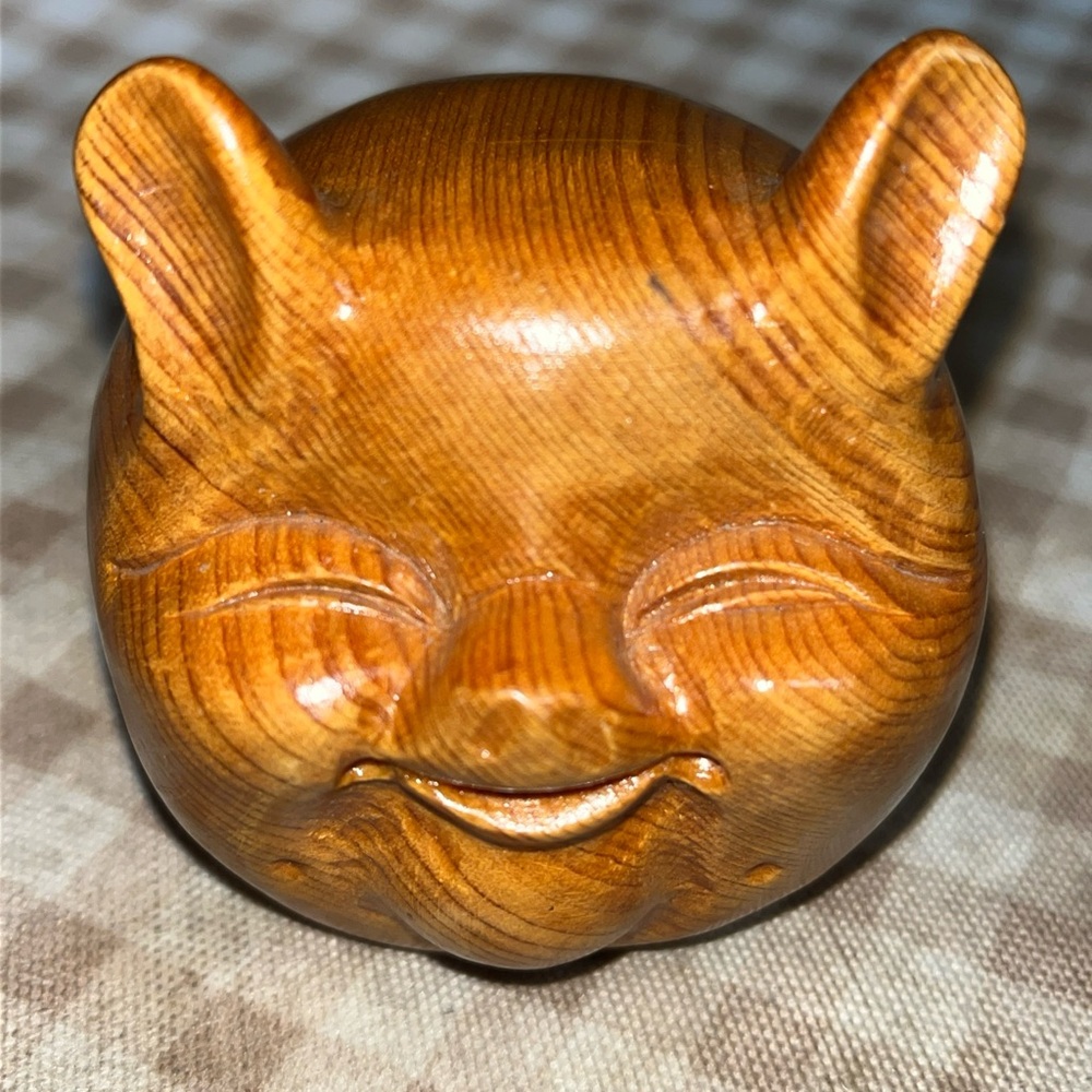 Hand Crafted Solid Wood Pig Figurine Happy face Vintage Natural Wood Grain